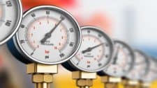 Row of industrial high pressure gas gauge meters