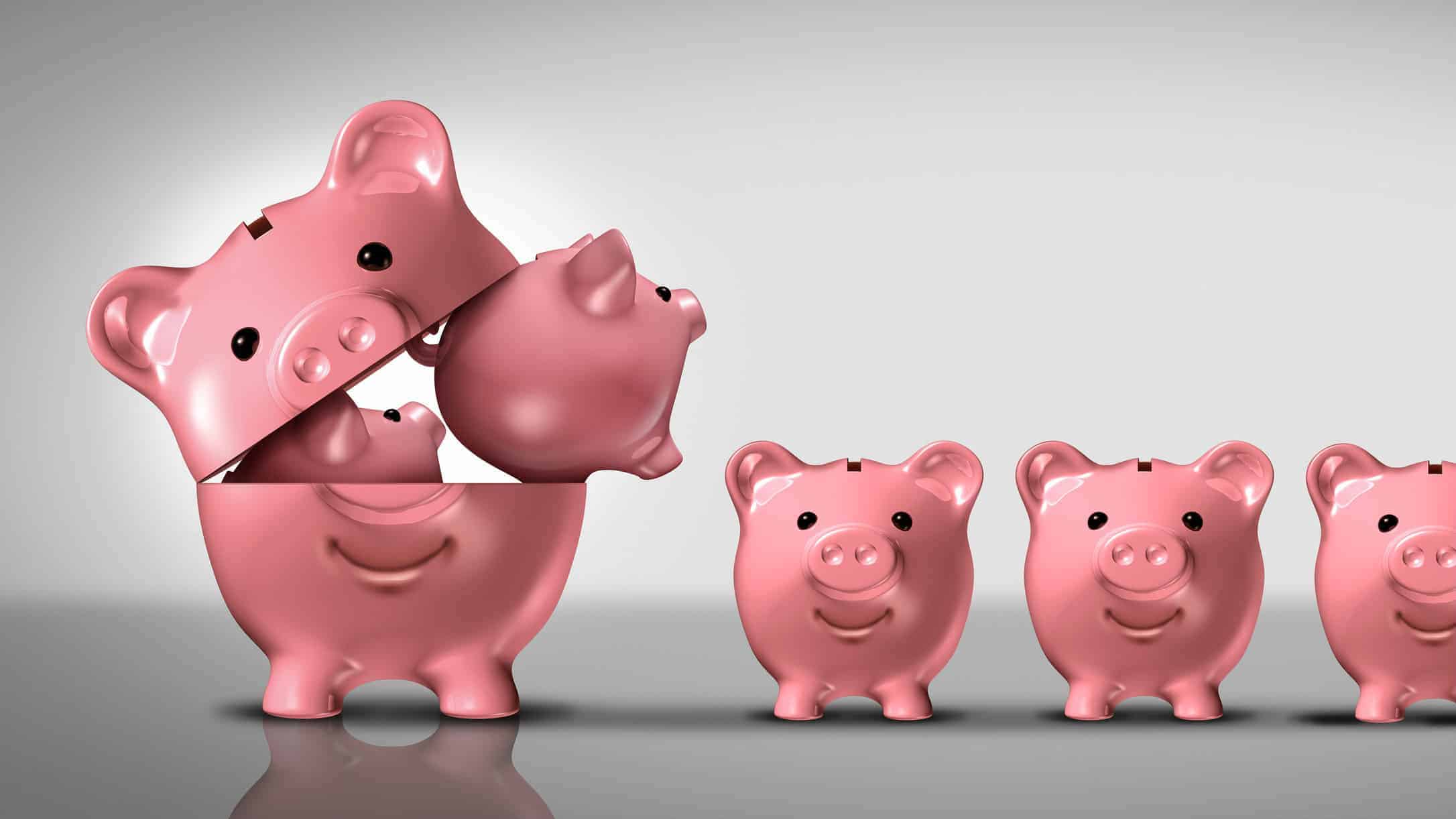 Diversifed asx shares and dividends represented by small piggy banks coming out of larger piggy bank