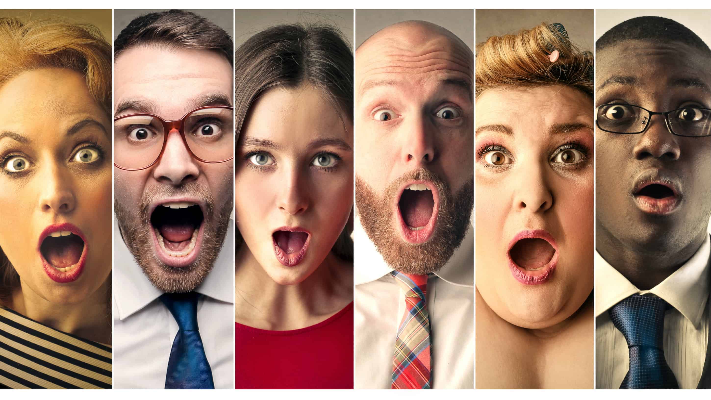 a line up of six surprised, shocked, faces,