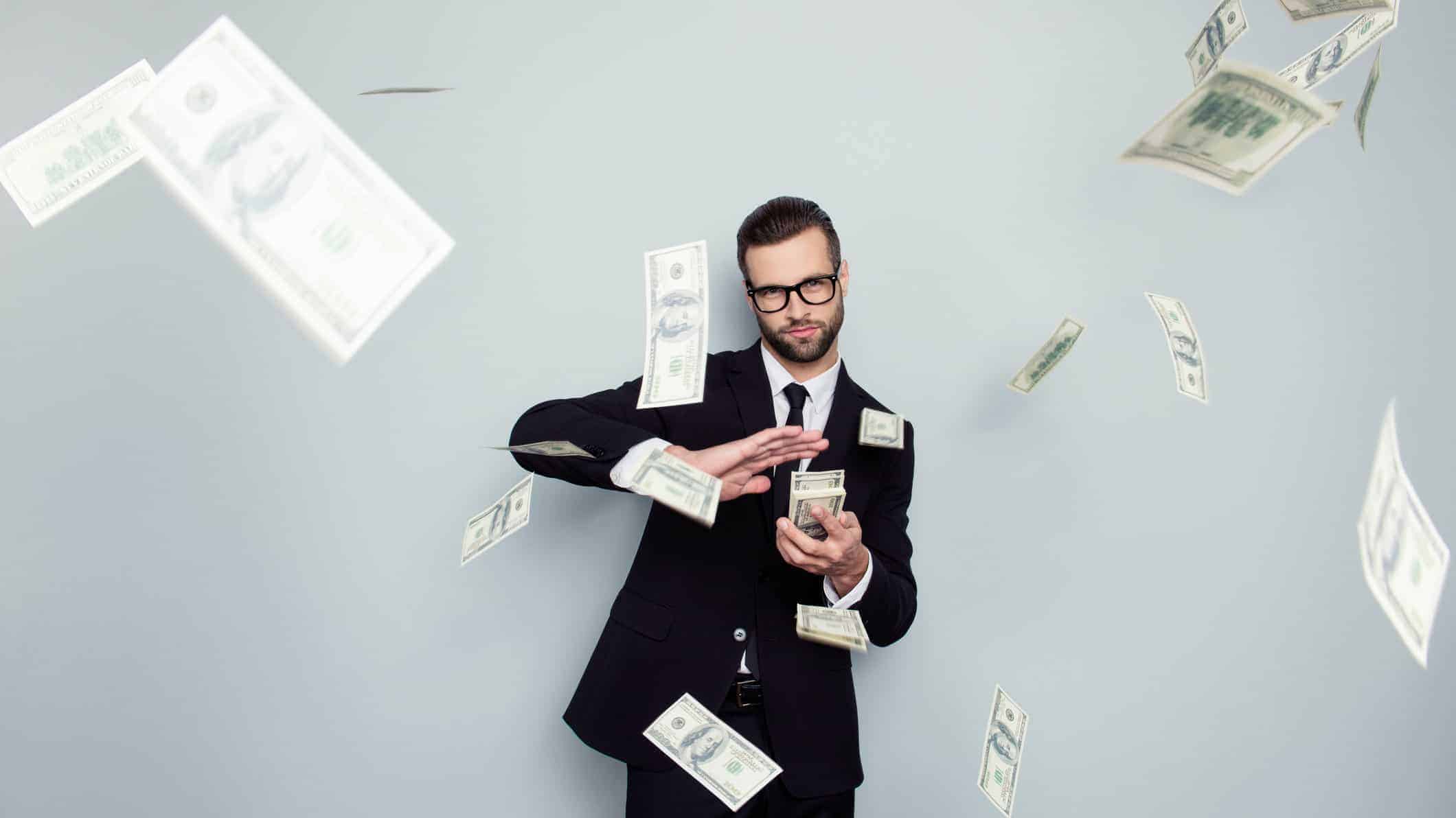 Investor buying shares raining money