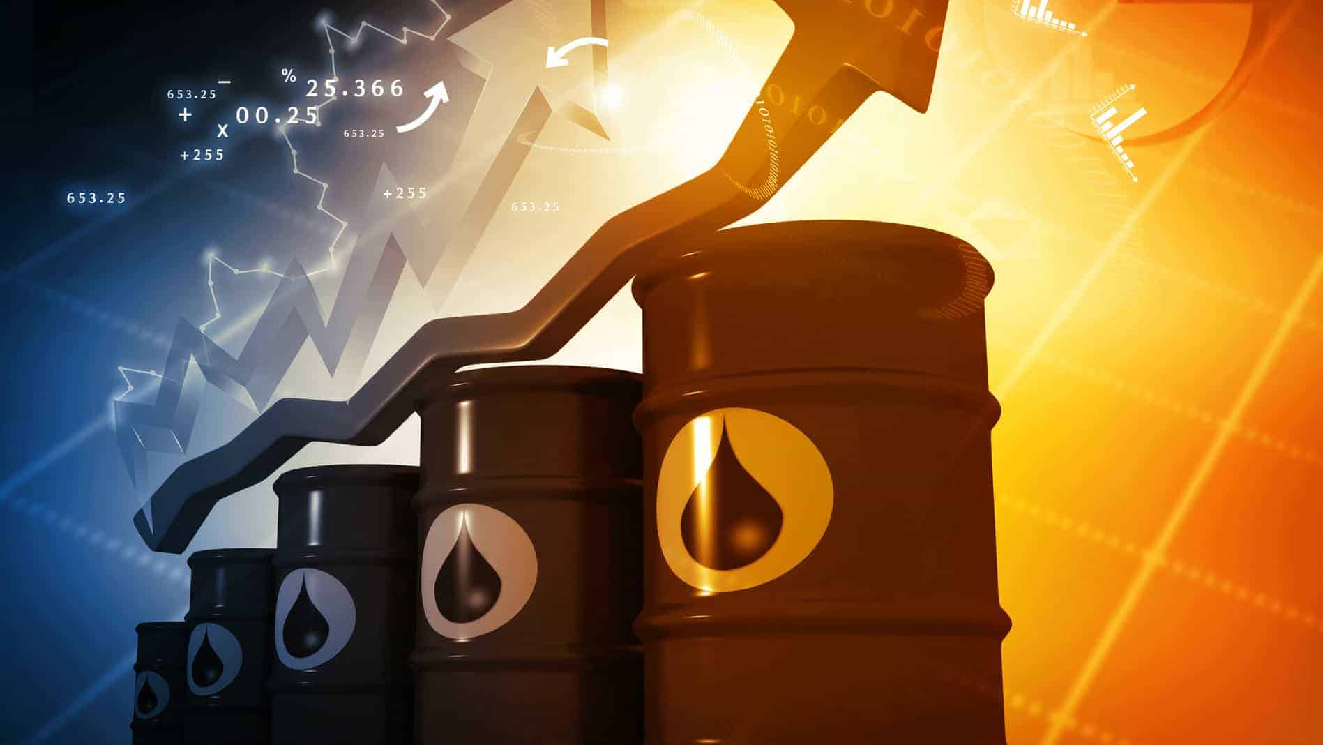 Barrels of crude oil with rising arrow indicating increasing oil prices and increasing ASX 200 energy share prices