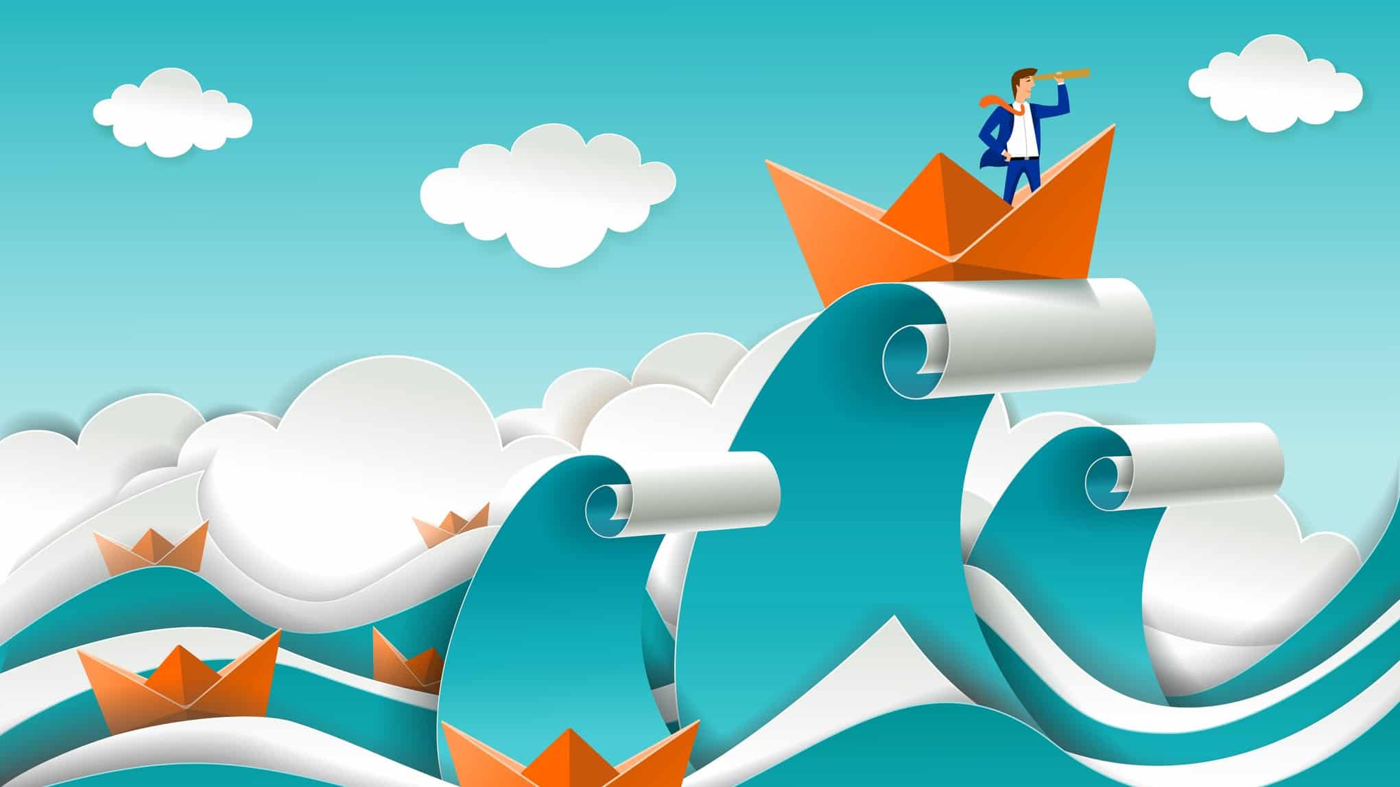 asx shares volatility represented by illustration of business man on boat at the top of a wave