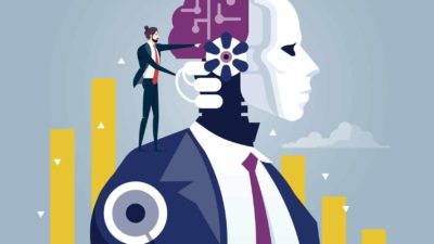 graphic image of man in business suit standing on the shoulder of AI robot