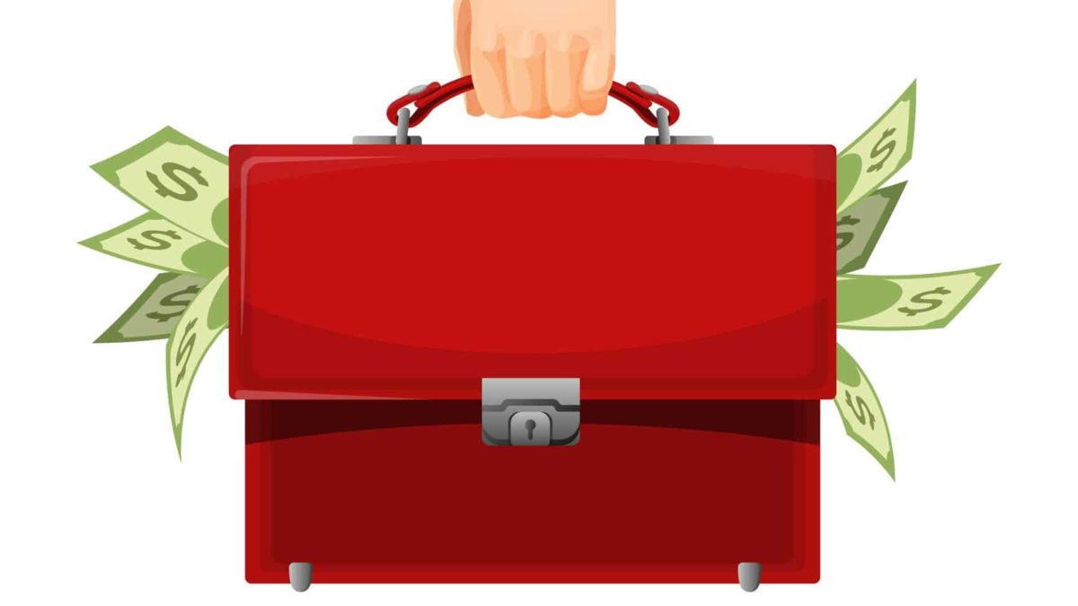 hand holding red briefcase stuffed with cash, investment portfolio