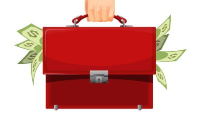 hand holding red briefcase stuffed with cash, investment portfolio