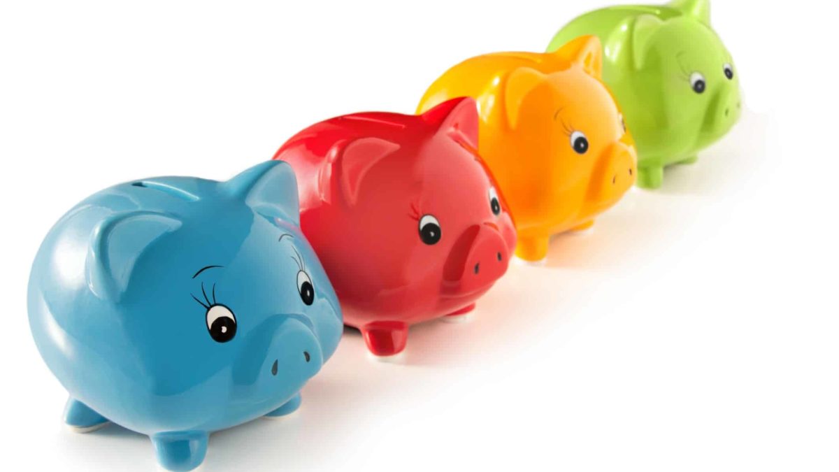 4 primary coloured piggy banks, CBA share price