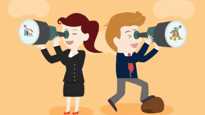 Business man and woman looking into the future