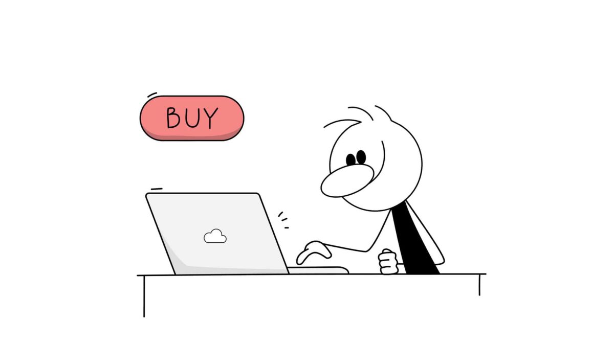 cartoon of man on laptop hitting the buy button