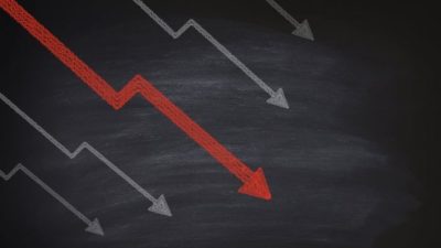 Red and white arrows showing share price drop
