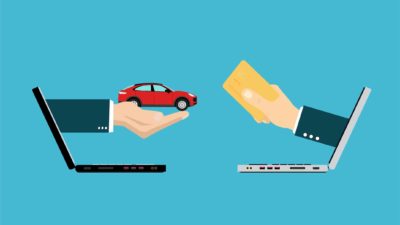 animated image of 2 hands coming out of laptops exhanging money for a car