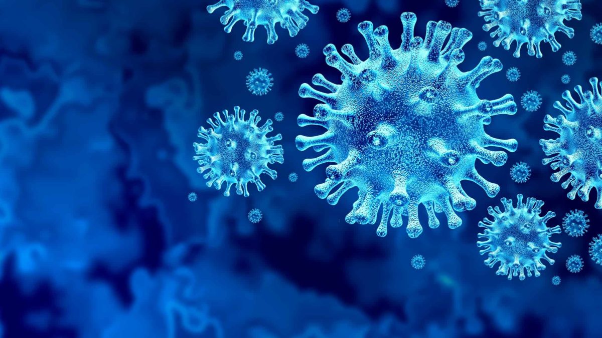Stylised portrayal of virus outbreak on blue background