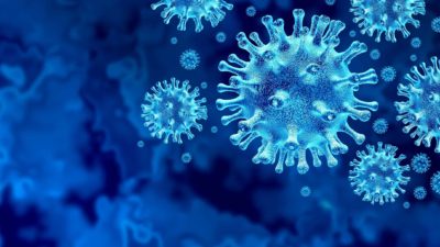 Stylised portrayal of virus outbreak on blue background