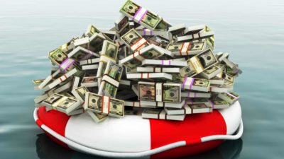 Liferaft filled with bundles of cash rescue package