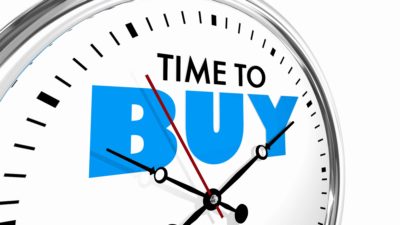A white and black clock with the words Time to Buy in blue lettering representing the views of two experts who say it's time to buy these ASX shares
