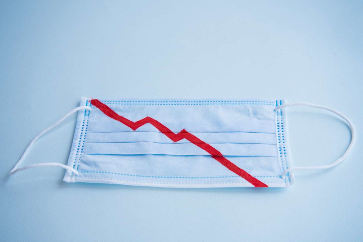 coronavirus mask with a falling line graph on it