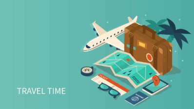 assortment of items needed for travel, flight centre share price