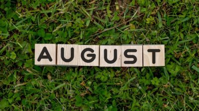 wooden blocks on grass spelling august