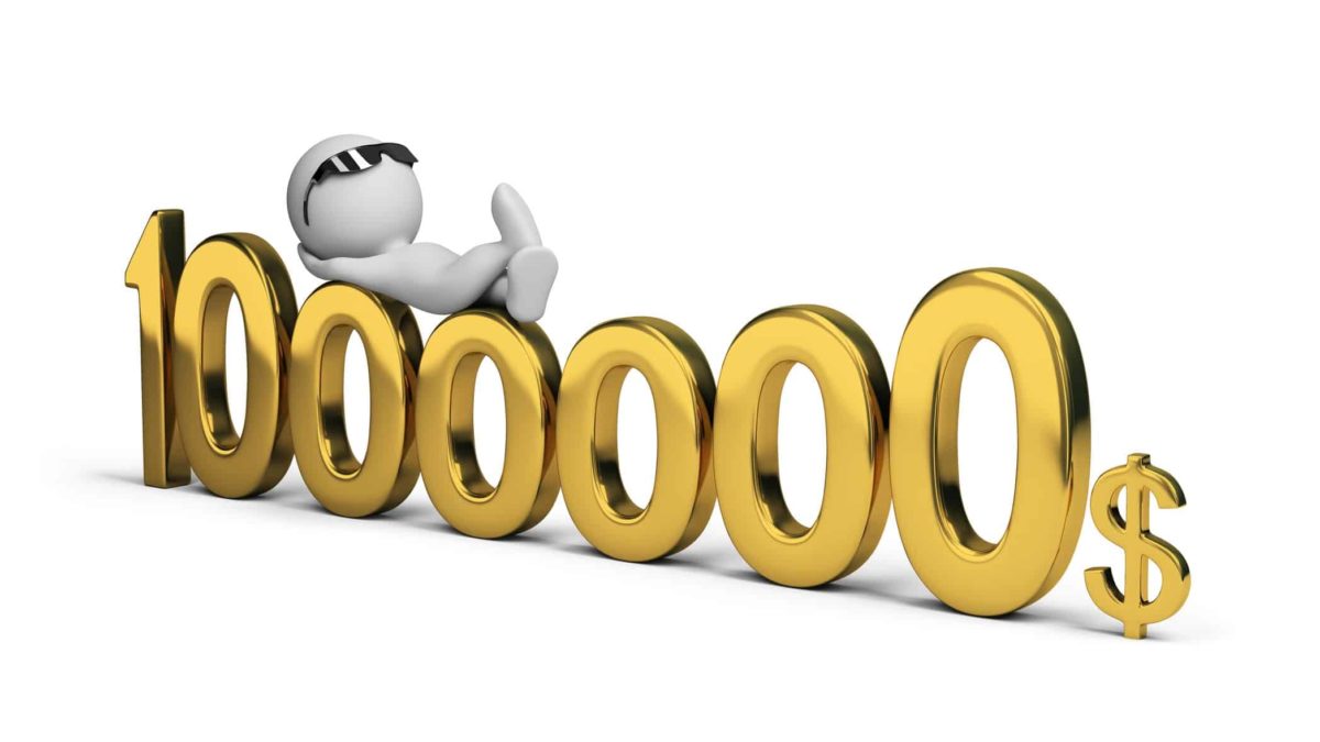 graphic of digits one million dollars with character relaxing on top of it