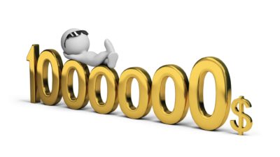 graphic of digits one million dollars with character relaxing on top of it