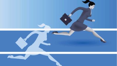 Illustration of female businesswoman with briefcase winning running race against her shadow