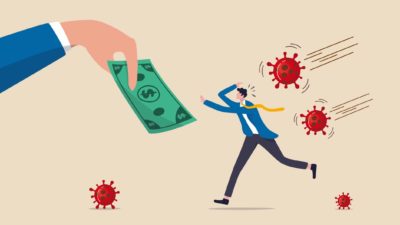 Illustration of hand holding banknote with businessman reaching for money while fighting off coronavirus