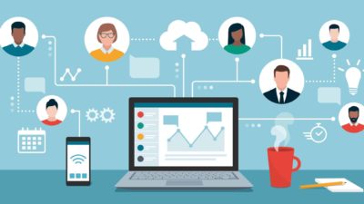 illustration of laptop computer with icons of personnel surrounding it representing livehire share price