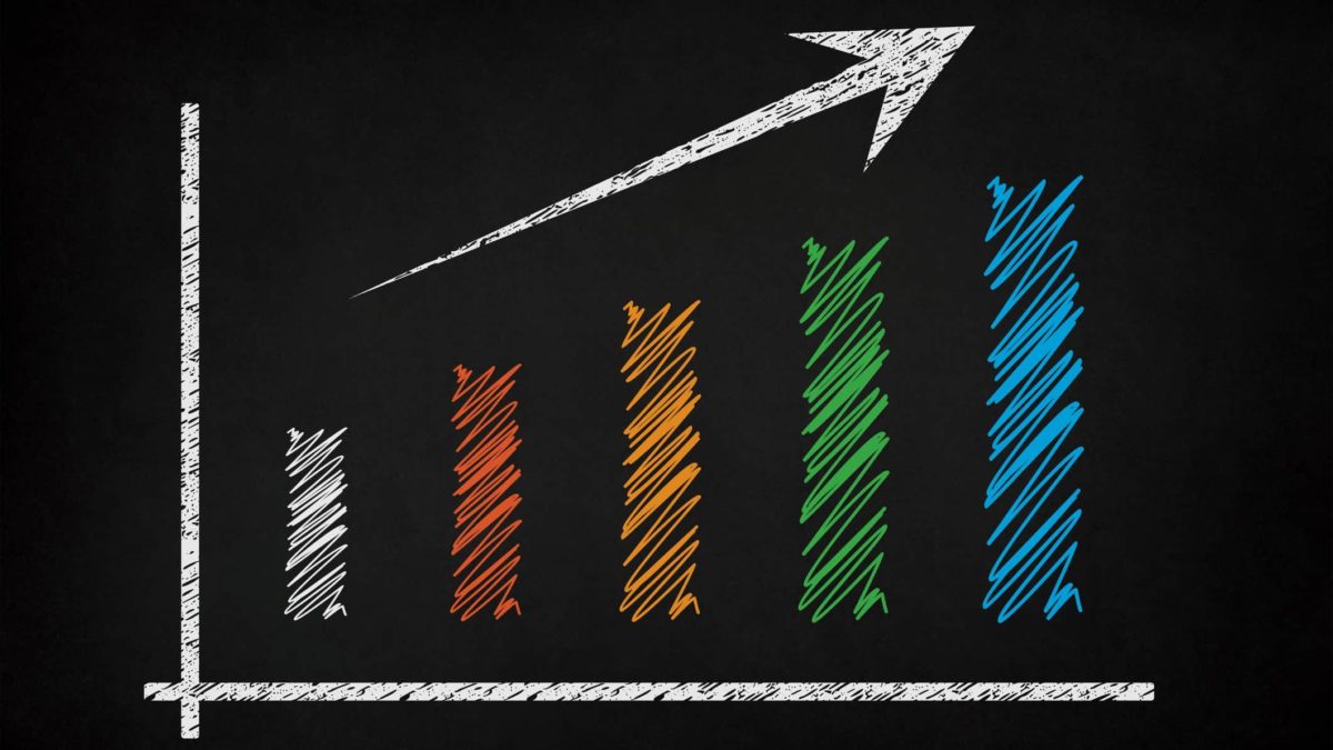 colourful chalk drawing on blackboard of increasing asx share price bar graph