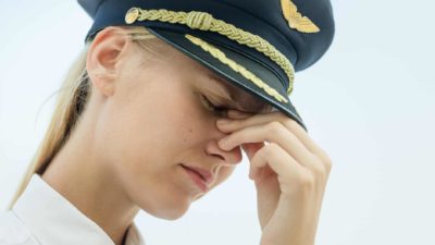 qantas pilot putting hands to her face as if distraught