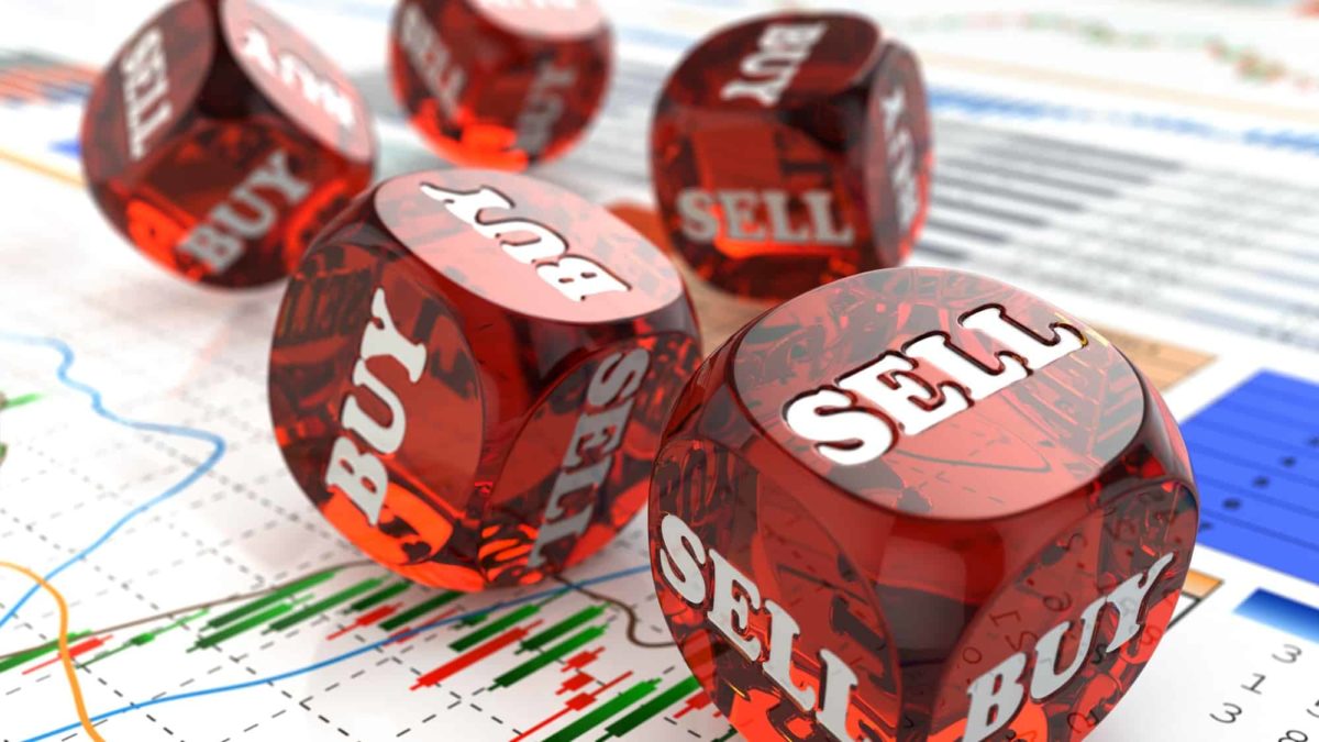 ASX 200 bank share trading depicted by red buy and sell dice tumbling across a sheet of data in colourful graphics