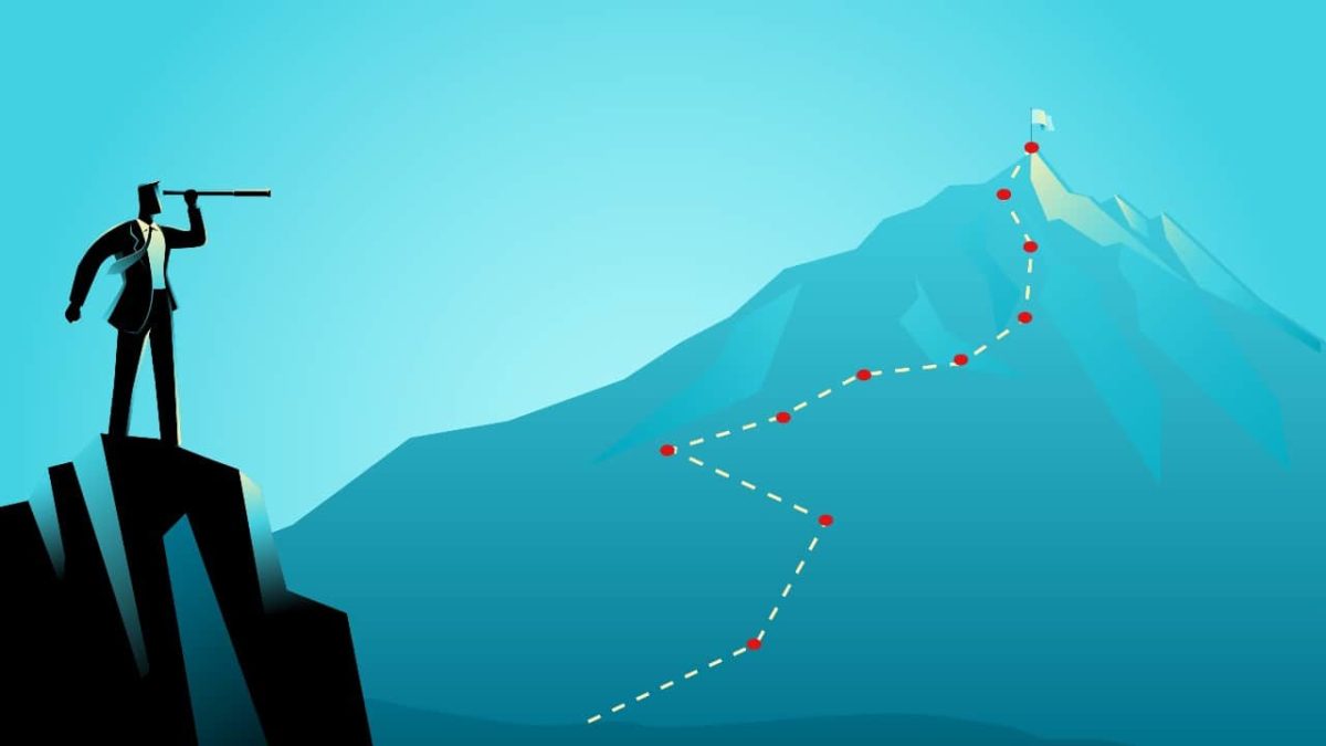 Illustration of man on mountain looking through binoculars at taller mountain in distance