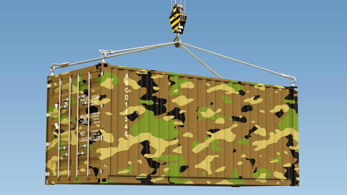 Xtek share price profit result represented by camo covered shipping container being lowered by a crane