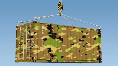 Xtek share price profit result represented by camo covered shipping container being lowered by a crane