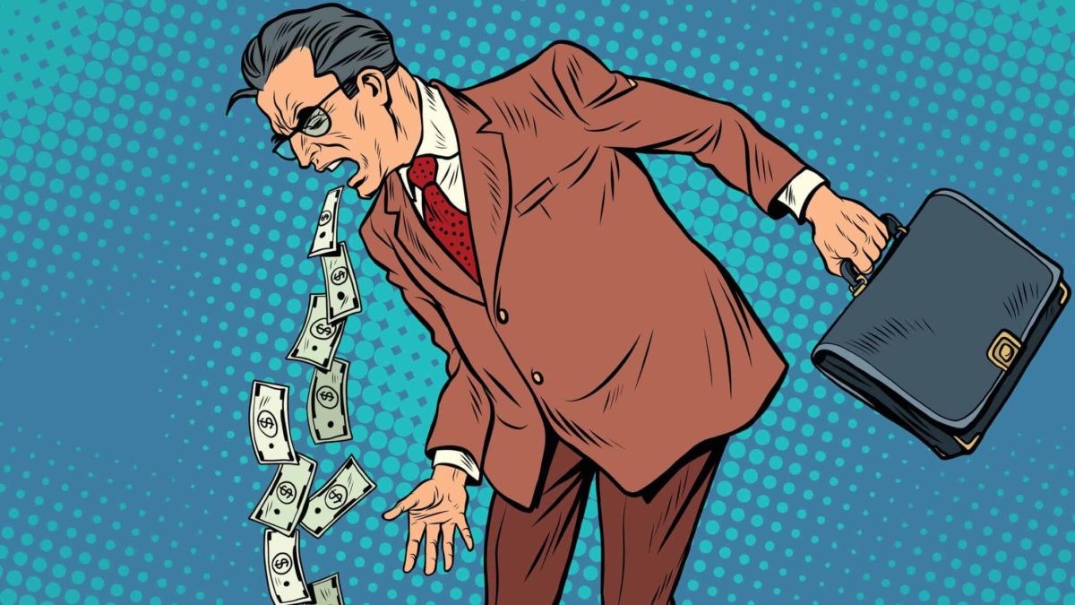 asx share vomit buying represented by cartoon image of businessman vomiting up dollar notes