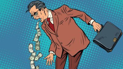 asx share vomit buying represented by cartoon image of businessman vomiting up dollar notes