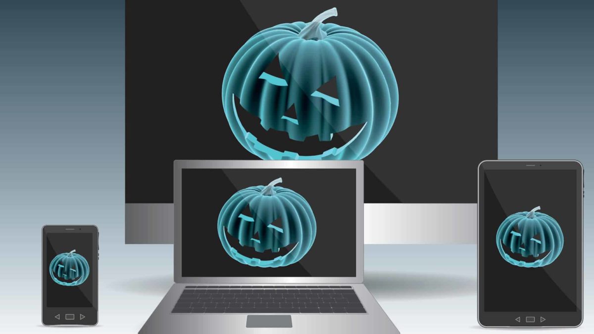 asx tech shares for october represented by digitised jack o lanterns on tv, laptop and tablet screens