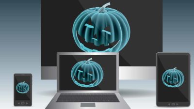 asx tech shares for october represented by digitised jack o lanterns on tv, laptop and tablet screens