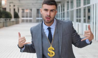 Rising ASX share price represented by smug investor with gold dollar around neck.