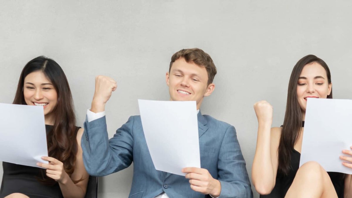 cv check share price rising represented by 3 happy job seekers making success gestures with their fists