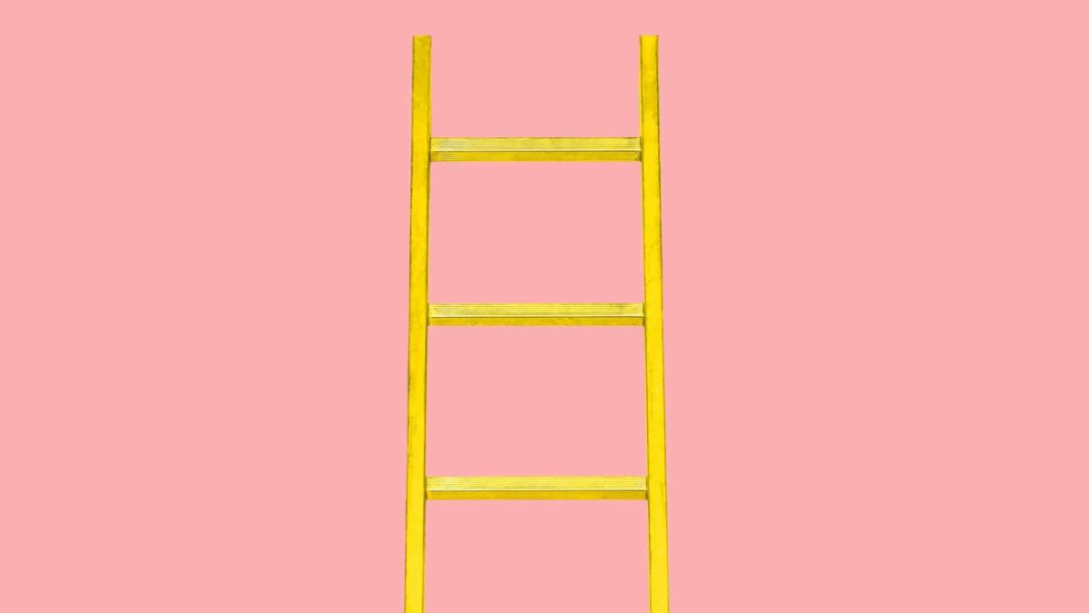 growth stocks represented by yellow ladder against pink background