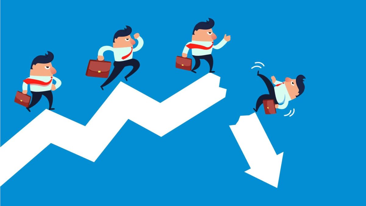 ASX mining shares iron ore price share price falling represented by cartoon of little business men falling off broken graph arrow