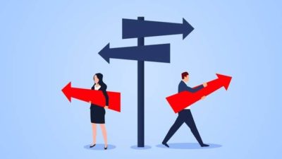 two people going in different directions trying to decide which asx share to buy