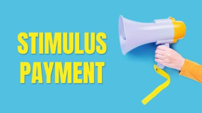 hand holding megaphone next to large text saying stimulus payment