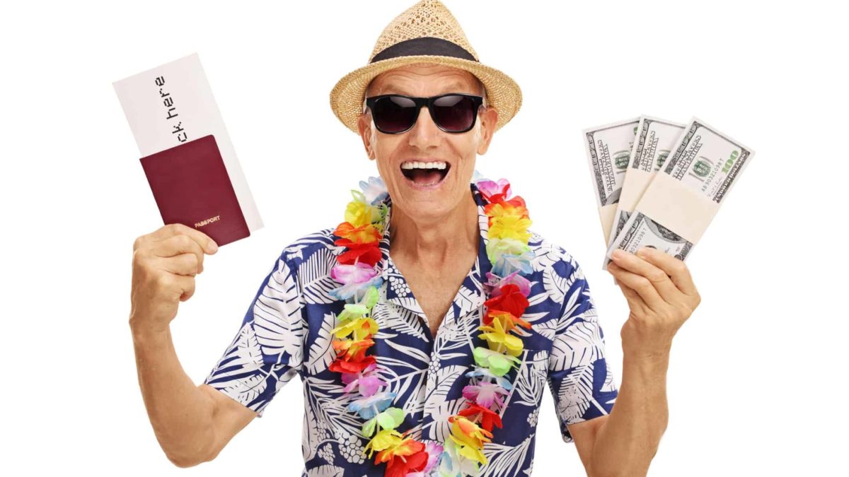 travel shares and IPO represented by man holding passport and wads of cash