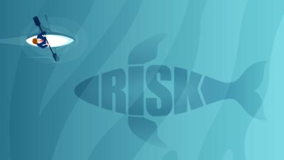 ASX 200 miners iron ore share price Graphic of a shark in the water with the word risk swimming towards a small person paddling a canoe, indicating risk ahead for ASX share price