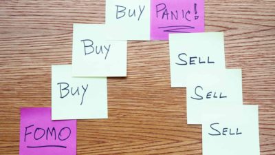 colourful post it notes on wooden table with words illustrating cycle of fomo in the share market