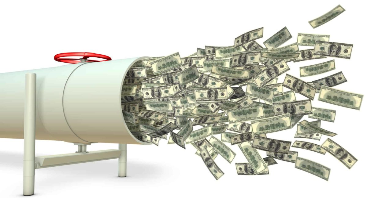 ASX oil share price buy represented by cash notes spilling out of oil pipe Suez ASX energy shares