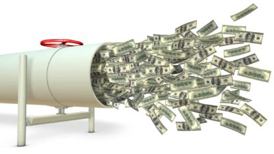 ASX oil share price buy represented by cash notes spilling out of oil pipe Suez ASX energy shares