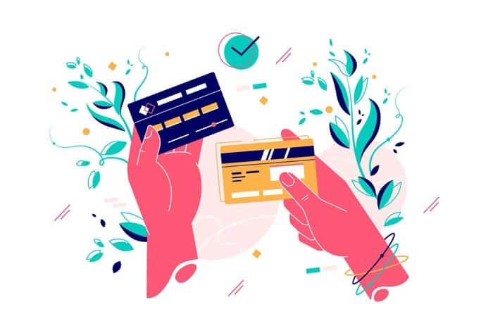 graphic depicting two hands holding credit cards