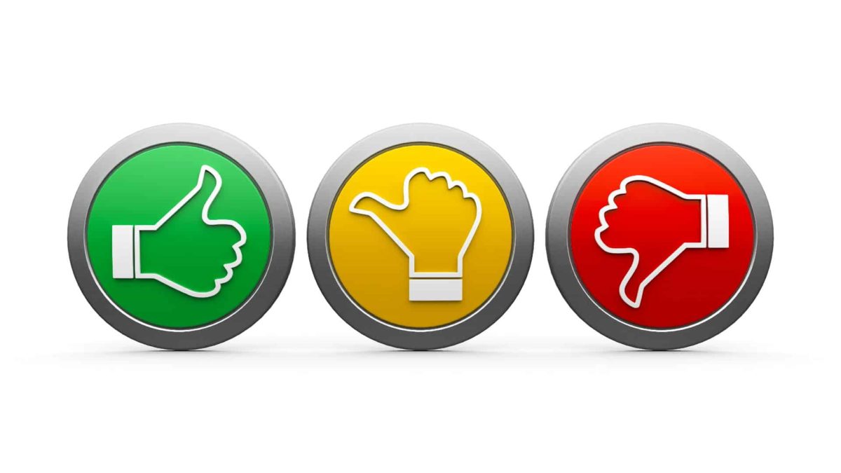 ASX shares broker downgrade three buttons indicating thumbs up, neutral and thumbs down broker ratings on ASX share market
