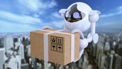 A drone flies against a city backdrop holding an Amazon delivery box, indicating a lift in share price